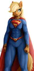 Size: 1080x2250 | Tagged: safe, artist:raphaeldavid, derpibooru import, applejack, anthro, abs, app-el, cape, clothes, crossover, signature, simple background, solo, superman, supermare, unamused, white background