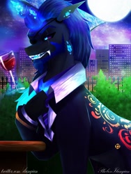 Size: 1200x1600 | Tagged: safe, artist:phobos-ilungian, derpibooru import, oc, oc only, changeling, alcohol, city, cityscape, clothes, glass, male, solo, suit, tuxedo, wine, wine glass