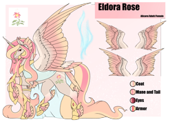 Size: 4961x3508 | Tagged: safe, artist:oneiria-fylakas, derpibooru import, oc, oc:eldora, alicorn, pony, feathered fetlocks, reference sheet, solo, tail feathers