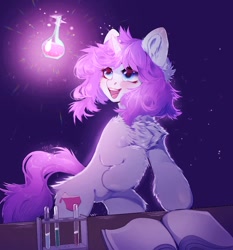 Size: 1004x1078 | Tagged: safe, artist:grach_449, derpibooru import, oc, oc only, pony, unicorn, :d, bipedal, book, chest fluff, ear fluff, ears, erlenmeyer flask, female, flask, glowing horn, horn, looking up, magic, magic aura, mare, open mouth, science, smiling, solo, telekinesis, unicorn oc