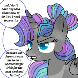 Size: 1080x1080 | Tagged: safe, artist:t.w.magicsparkel.9, derpibooru import, oc, oc only, alicorn, pony, alicorn oc, comic, dialogue, female, frown, horn, mare, unamused, wings