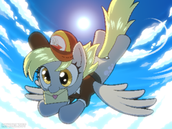 Size: 800x600 | Tagged: safe, artist:rangelost, derpibooru import, derpy hooves, pegasus, pony, flying, hat, letter, mailmare, pixel art, sky, solo, sun