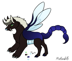 Size: 1498x1257 | Tagged: safe, artist:misskanabelle, derpibooru import, oc, oc only, hybrid, fangs, interspecies offspring, male, offspring, parent:discord, parent:queen chrysalis, parents:discolis, signature, simple background, white background