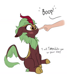 Size: 1280x1423 | Tagged: safe, artist:rocket-lawnchair, derpibooru import, cinder glow, summer flare, human, kirin, pony, blushing, boop, cinder glow is not amused, disembodied hand, female, non-consensual booping, simple background, sitting, this will end in nirik, white background