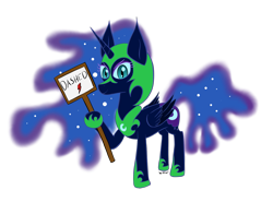 Size: 1481x1098 | Tagged: safe, artist:wapamario63, nightmare moon, alicorn, pony, armor, cute, female, helmet, holding a sign, jewelry, looking at you, mare, regalia, sign, simple background, solo, transparent background, wings