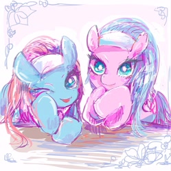 Size: 1273x1280 | Tagged: safe, artist:osawari64, aloe, lotus blossom, earth pony, pony, cute, duo, female, looking at you, mare, one eye closed, prone, siblings, sisters, spa twins, tongue, tongue out, twin sisters, twins, wink, winking at you