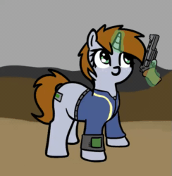 Size: 612x628 | Tagged: safe, alternate version, artist:neuro, oc, oc only, oc:littlepip, pony, unicorn, fallout equestria, animated, clothes, dancing, female, gif, gun, horn, magic, mare, pipbuck, shooting, small pony, solo, telekinesis, unicorn oc, vault suit, wasteland, weapon