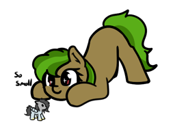 Size: 499x391 | Tagged: safe, artist:neuro, oc, oc only, oc:peep, oc:poison oak, bird, bird pone, earth pony, pigeon, pony, dialogue, earth pony oc, face down ass up, female, mare, micro, simple background, smol, sparkly eyes, white background