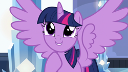 Size: 1280x720 | Tagged: safe, derpibooru import, screencap, twilight sparkle, twilight sparkle (alicorn), alicorn, pony, season 6, the times they are a changeling, cute, female, mare, smiling, solo, spread wings, twiabetes, wings