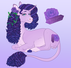 Size: 2820x2700 | Tagged: safe, artist:bluet0ast, derpibooru import, oc, pony, unicorn, colored hooves, female, flower, flower in hair, gradient background, horn, leonine tail, lying down, magical lesbian spawn, mare, offspring, parent:rarity, parent:twilight sparkle, parents:rarilight, prone, rose, smiling, unicorn oc