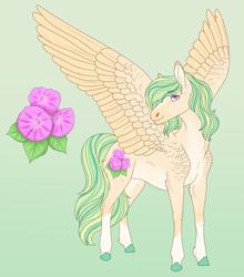 Size: 2640x3000 | Tagged: safe, artist:bluet0ast, derpibooru import, oc, oc only, pegasus, pony, colored hooves, gradient background, magical lesbian spawn, male, offspring, parent:fluttershy, parent:princess celestia, pegasus oc, smiling, solo, stallion, wings