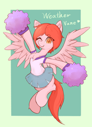 Size: 1863x2578 | Tagged: safe, artist:noupu, derpibooru import, oc, oc only, oc:weathervane, pegasus, pony, abstract background, cheerleader, cheerleader outfit, chest fluff, clothes, colored pupils, eye clipping through hair, eyebrows, eyebrows visible through hair, female, full body, heart, leg fluff, looking at you, mare, miniskirt, one eye closed, open mouth, pegasus oc, pom pom, shirt, short sleeves, skirt, smiling, smiling at you, solo, spread wings, wings, wink, winking at you