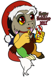 Size: 965x1435 | Tagged: safe, artist:chibi-n92, derpibooru import, discord, draconequus, 2012, candy, candy cane, christmas, cute, discute, ears, floppy ears, food, hat, holiday, male, santa hat, simple background, smiling, solo, transparent background, young discord, younger