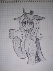 Size: 3072x4096 | Tagged: safe, artist:zachc, derpibooru import, queen chrysalis, changeling, cheese, food, graph paper, pencil drawing, traditional art