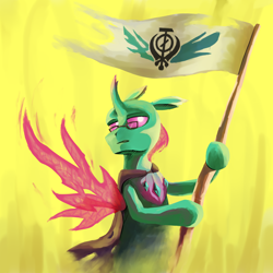 Size: 2000x2000 | Tagged: safe, artist:ka3ahb, derpibooru import, oc, oc:ninth, changedling, changeling, changeling oc, digital painting, flag, solo, wings