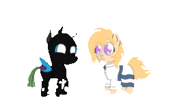 Size: 1000x650 | Tagged: safe, artist:symphonydawn3, artist:theunidentifiedchangeling, derpibooru import, oc, oc:[unidentified], oc:jackie spectre, changeling, earth pony, collaboration, animated, closed mouth, clothes, cute, cuteling, dress, eyes open, fangs, gif, horn, shipping, simple background, standing, three quarter view, transparent background, wings