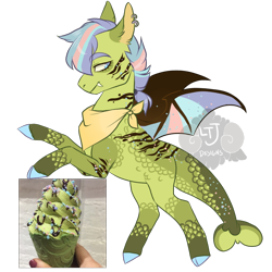 Size: 900x900 | Tagged: safe, artist:lavvythejackalope, derpibooru import, oc, oc only, bat pony, pony, bat pony oc, colored hooves, ear piercing, earring, food, ice cream, jewelry, neckerchief, piercing, rearing, simple background, solo, transparent background