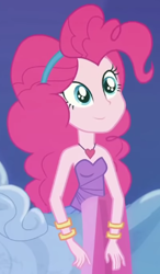 Size: 275x472 | Tagged: safe, derpibooru import, screencap, pinkie pie, equestria girls, equestria girls series, twilight under the stars, spoiler:eqg series (season 2), bare shoulders, bracelet, clothes, cropped, cute, diapinkes, dilated pupils, dress, grin, heart necklace, idea, jewelry, sleeveless, solo, strapless, strapless dress