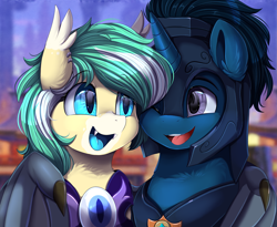 Size: 3215x2640 | Tagged: safe, artist:pridark, derpibooru import, oc, oc only, oc:icy breeze, oc:slashing prices, bat pony, pony, unicorn, armor, badge, bat pony oc, bat wings, blue eyes, blue tongue, bust, commission, duo, ear fluff, ear piercing, earring, ears, eye, eyebrows, eyes, fangs, female, helmet, high res, horn, jewelry, looking at each other, male, mare, one eye closed, open mouth, piercing, portrait, purple eyes, royal guard, royal guard armor, shipping, smiling, stallion, two toned mane, unicorn oc, wings, wink
