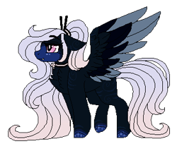 Size: 350x300 | Tagged: safe, artist:inspiredpixels, derpibooru import, oc, oc only, pegasus, pony, chest fluff, coat markings, colored hooves, colored wings, ears, fangs, floppy ears, ponytail, simple background, solo, spread wings, standing, transparent background, wings