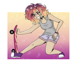 Size: 3977x3220 | Tagged: safe, artist:nightydream, derpibooru import, oc, oc:sunrise skies, human, converse, humanized, shoes, skateboard, solo, sunglasses