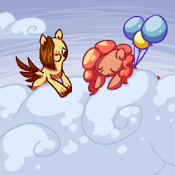 Size: 500x500 | Tagged: safe, artist:celadonlonghorn, derpibooru import, pinkie pie, oc, oc:desert eagle, pony, ask desert eagle, balloon, cloud, floating, party balloon, sleeping, then watch her balloons lift her up to the sky