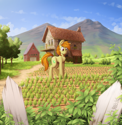 Size: 2500x2553 | Tagged: safe, artist:uliovka, derpibooru import, oc, oc only, oc:beamshot, earth pony, pony, apple, apple tree, chest fluff, commission, farm, male, picket fence, scenery, smiling, solo, stallion, tree