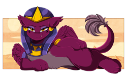 Size: 3318x2095 | Tagged: safe, artist:pridark, derpibooru import, sphinx (character), sphinx, chest fluff, commission, draw me like one of your french girls, ear tufts, egyptian, egyptian headdress, fangs, female, giantess, high res, lidded eyes, looking at you, macro, smiling, smiling at you, smirk, solo