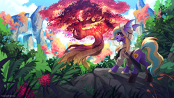 Size: 2500x1406 | Tagged: safe, artist:redchetgreen, derpibooru import, oc, oc only, clothes, cutie mark, mountain, open mouth, rock, scenery, scenery porn, solo, tree of life, unknown species, waterfall