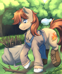Size: 3934x4700 | Tagged: safe, artist:aquoquoo, derpibooru import, oc, oc only, oc:cottonwood kindle, earth pony, pony, absurd resolution, apron, bag, boots, clothes, forest, male, scenery, shirt, shoes, solo, stallion, stick, tree