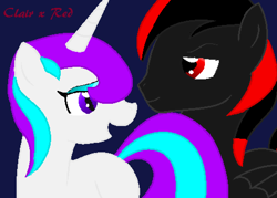 Size: 937x672 | Tagged: safe, artist:the-golden-gear, derpibooru import, oc, oc:clair, oc:red, pegasus, unicorn, dark blue background, eyeshadow, female, horn, looking at each other, makeup, male, mare, oc x oc, pegasus oc, red and black oc, shipping, unicorn oc