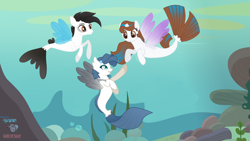 Size: 3200x1800 | Tagged: safe, artist:starwolff-nyota, derpibooru import, oc, oc only, alicorn, pegasus, pony, seapony (g4), blue eyes, brown eyes, bubble, crepuscular rays, dorsal fin, female, fin wings, fins, fish tail, flowing mane, flowing tail, horn, jewelry, looking at each other, male, necklace, ocean, rock, seaponified, seaweed, smiling, species swap, spread wings, sunlight, tail, underwater, water, wings
