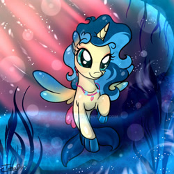 Size: 400x400 | Tagged: safe, artist:mirry92, derpibooru import, oc, oc only, oc:tina fountain heart, alicorn, pony, seapony (g4), blue mane, bubble, crepuscular rays, dorsal fin, female, fin wings, fins, fish tail, flowing mane, flowing tail, green eyes, horn, jewelry, necklace, ocean, seaponified, seaweed, signature, smiling, solo, species swap, swimming, tail, underwater, water, wings
