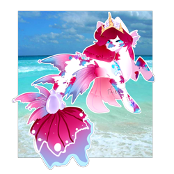 Size: 2372x2372 | Tagged: safe, artist:kikkapone, derpibooru import, oc, oc only, merpony, seapony (g4), blue eyes, cloud, crown, dorsal fin, female, fins, fish tail, flowing mane, flowing tail, jewelry, looking at you, ocean, one eye closed, photo, red mane, regalia, simple background, sky, solo, tail, transparent background, water, wink