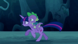 Size: 720x405 | Tagged: safe, derpibooru import, edit, edited screencap, screencap, spike, twilight sparkle, twilight sparkle (alicorn), alicorn, dragon, pony, season 5, the cutie re-mark, animated, backpack, ears, floppy ears, forest, gif, glowing eyes, running, spike riding twilight