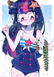 Size: 2348x3376 | Tagged: safe, artist:nendo, derpibooru import, twilight sparkle, crab, equestria girls, blushing, clothes, female, high res, looking down, solo, starfish, swimsuit, wet, wet mane
