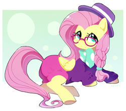 Size: 1754x1549 | Tagged: safe, artist:nendo, derpibooru import, fluttershy, pegasus, pony, fake it 'til you make it, alternate hairstyle, braid, clothes, cute, diaper, female, glasses, hat, hipstershy, lying down, mare, prone, scarf, shyabetes, solo