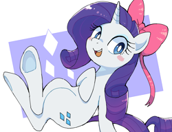 Size: 2537x1947 | Tagged: safe, artist:nendo, derpibooru import, rarity, pony, unicorn, blush sticker, blushing, bow, cute, looking at you, open mouth, open smile, raribetes, simple background, smiling, solo, underhoof, white background