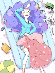 Size: 2400x3200 | Tagged: safe, artist:nendo, derpibooru import, rarity, equestria girls, alarm clock, alternate hairstyle, bed, blanket, bra, bra strap, clock, clothes, eyes closed, female, frizzy hair, hot, lying down, mug, off shoulder, open mouth, overhead view, shorts, solo, sweat, thermometer, underwear