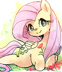 Size: 816x939 | Tagged: safe, artist:nendo, derpibooru import, fluttershy, pegasus, pony, cute, daaaaaaaaaaaw, female, flower, looking at you, mare, shyabetes, smiling, smiling at you, solo
