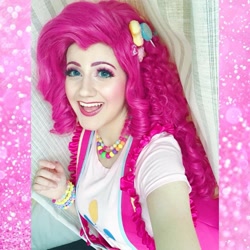 Size: 960x960 | Tagged: safe, artist:sarahndipity cosplay, derpibooru import, pinkie pie, human, bracelet, clothes, cosplay, costume, facebook, irl, irl human, jewelry, necklace, open mouth, open smile, photo, smiling