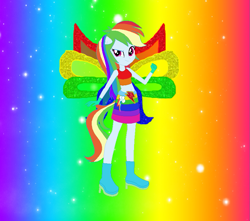 Size: 823x728 | Tagged: safe, artist:magical-mama, artist:selenaede, artist:user15432, derpibooru import, rainbow dash, human, equestria girls, barely eqg related, base used, belt, boots, clothes, colored wings, crossover, cutie mark, cutie mark on clothes, element of loyalty, fairy, fairy wings, fairyized, gloves, gradient background, high heel boots, high heels, looking at you, magic winx, multicolored wings, ponied up, rainbow background, rainbow wings, shoes, sparkly background, wings, winx, winx club, winxified