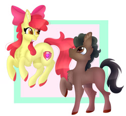Size: 1280x1182 | Tagged: safe, artist:unknownartist20, derpibooru import, apple bloom, oc, oc:ladainian otis, earth pony, pony, canon x oc, chest fluff, commission, female, jumping, ladainianbloom, love, male, older apple bloom, shipping, smiling, straight