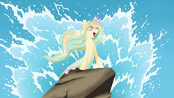 Size: 1280x720 | Tagged: safe, artist:aledera, derpibooru import, oc, oc only, seapony (g4), female, flowing mane, looking up, open mouth, pink eyes, ribbon, rock, sky, smiling, solo, water