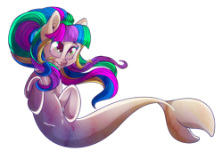 Size: 2828x2121 | Tagged: safe, artist:elskafox, derpibooru import, oc, oc only, merpony, seapony (g4), female, fish tail, flowing mane, flowing tail, green eyes, multicolored hair, simple background, smiling, solo, tail, transparent background