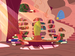 Size: 640x480 | Tagged: safe, derpibooru import, fighting is magic, background, book, bookshelf, door, golden oaks library, pile of books, scroll, staircase, table, window