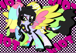 Size: 939x654 | Tagged: safe, artist:serra20, derpibooru import, oc, oc:shockwave, oc:x, pegasus, pony, colourful, patterned background, pegasus oc, riot, smiling