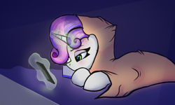 Size: 6884x4132 | Tagged: safe, artist:wandering nate, derpibooru import, sweetie belle, pony, unicorn, blanket, cellphone, magic, older, older sweetie belle, phone, plaid, sick, smartphone, solo, telekinesis