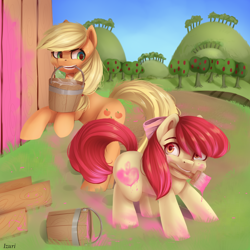 Size: 2000x2000 | Tagged: safe, artist:annafreezen, derpibooru import, apple bloom, applejack, earth pony, pony, apple, apple sisters, apple tree, barn, barrel, bucket, duo, fake cutie mark, female, filly, mare, mouth hold, paint, paintbrush, rearing, siblings, sisters, sweet apple acres, tree