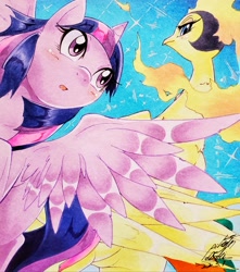 Size: 2665x3015 | Tagged: safe, artist:025aki, derpibooru import, twilight sparkle, twilight sparkle (alicorn), alicorn, phoenix, pony, blushing, female, looking up, mare, phoenix (manga), traditional art